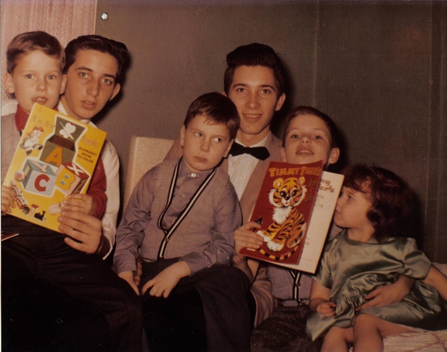 Christmas Day 1956 or 57 at my grandparents home. Left to right Me, my cousin Pat McBride, my brother Rob, My cousin Mike McBride, My brother Al(Skip) and my Sister Sandy